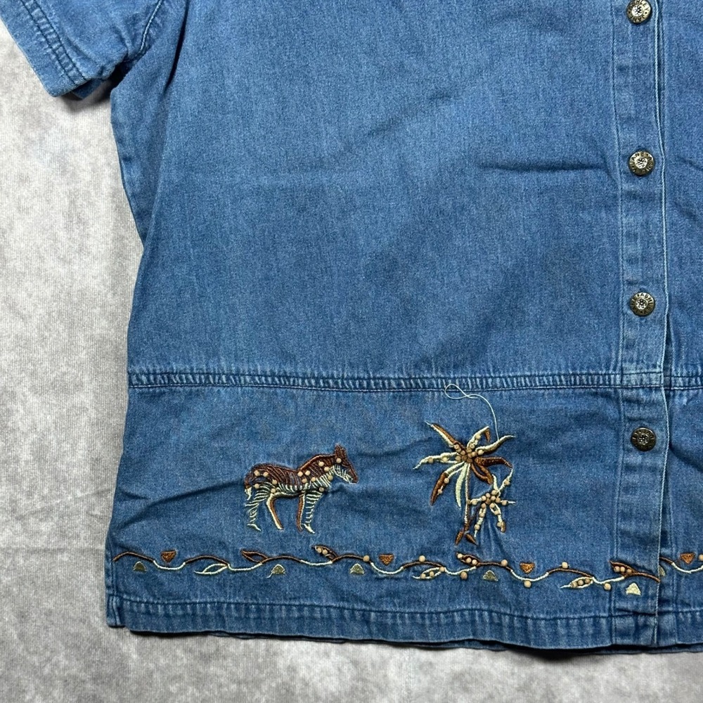 Jane Ashley 1X Blue Denim Safari Zebra Palm Tree Embroidered Cottagecore Top - Picture 4 of 11